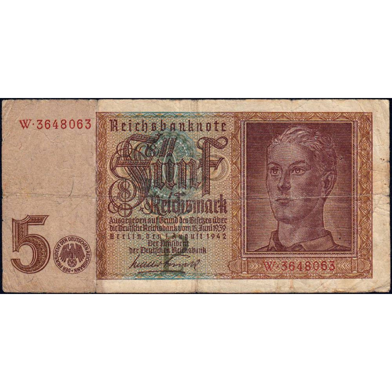 Allemagne - Pick 186a_1 - 5 reichsmark - 01/08/1942 - Lettre P - Série W - Etat : TB