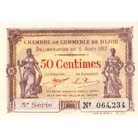 Dijon - Pirot 53-10 - 50 centimes - 3e série - 06/08/1917 - Etat : SPL+ à NEUF