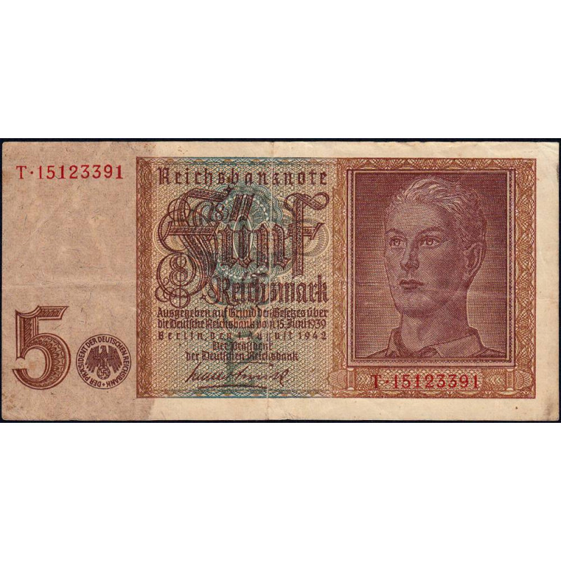 Allemagne - Pick 186a_2 - 5 reichsmark - 01/08/1942 - Lettre P - Série T - Etat : TTB-