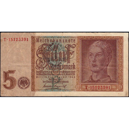 Allemagne - Pick 186a_2 - 5 reichsmark - 01/08/1942 - Lettre P - Série T - Etat : TTB-