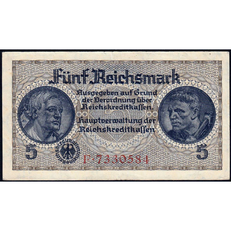 Allemagne - Territoires occupés - Pick R 138a - 5 reichsmark - Série F - 1939 - Etat : TTB+