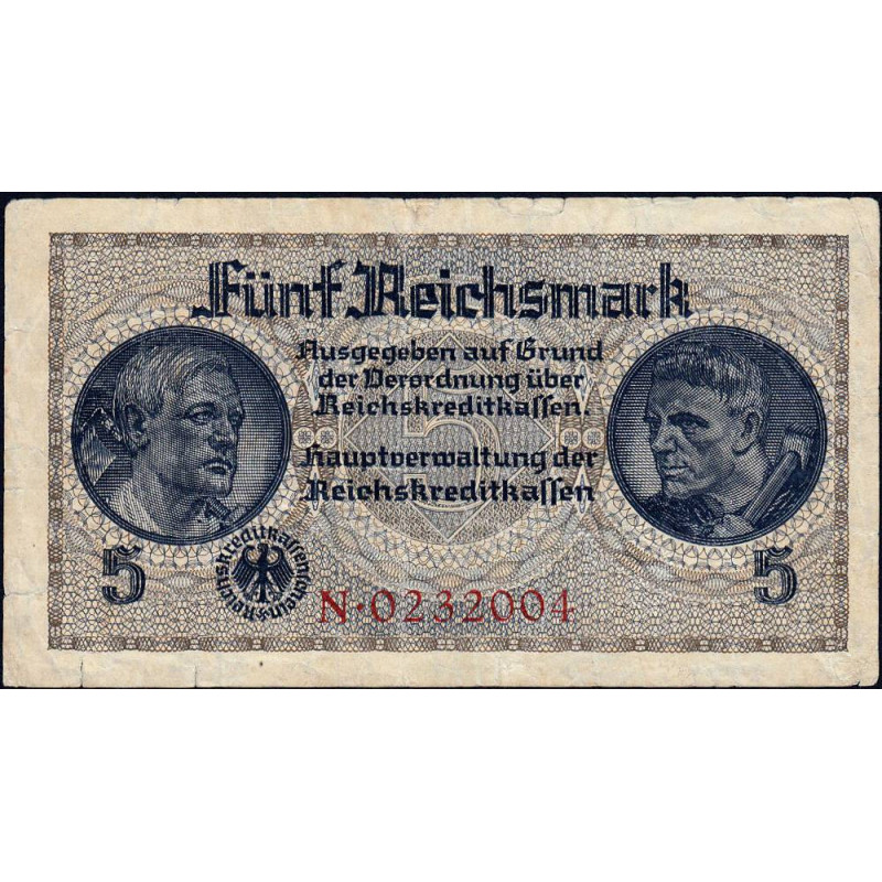 Allemagne - Territoires occupés - Pick R 138a - 5 reichsmark - Série N - 1939 - Etat : TB+