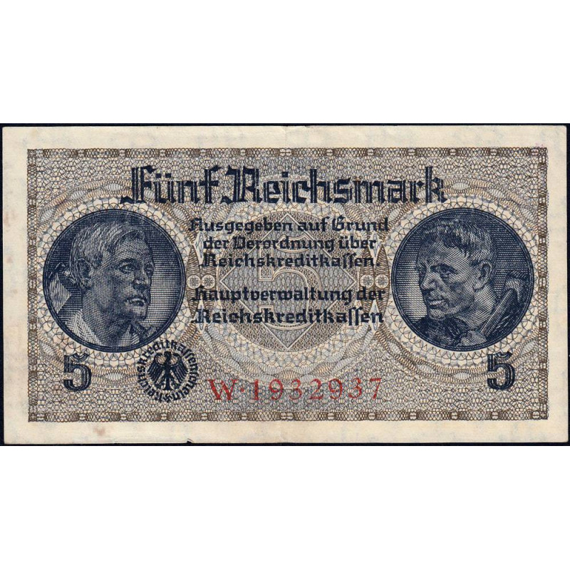 Allemagne - Territoires occupés - Pick R 138a - 5 reichsmark - Série W - 1939 - Etat : TTB+