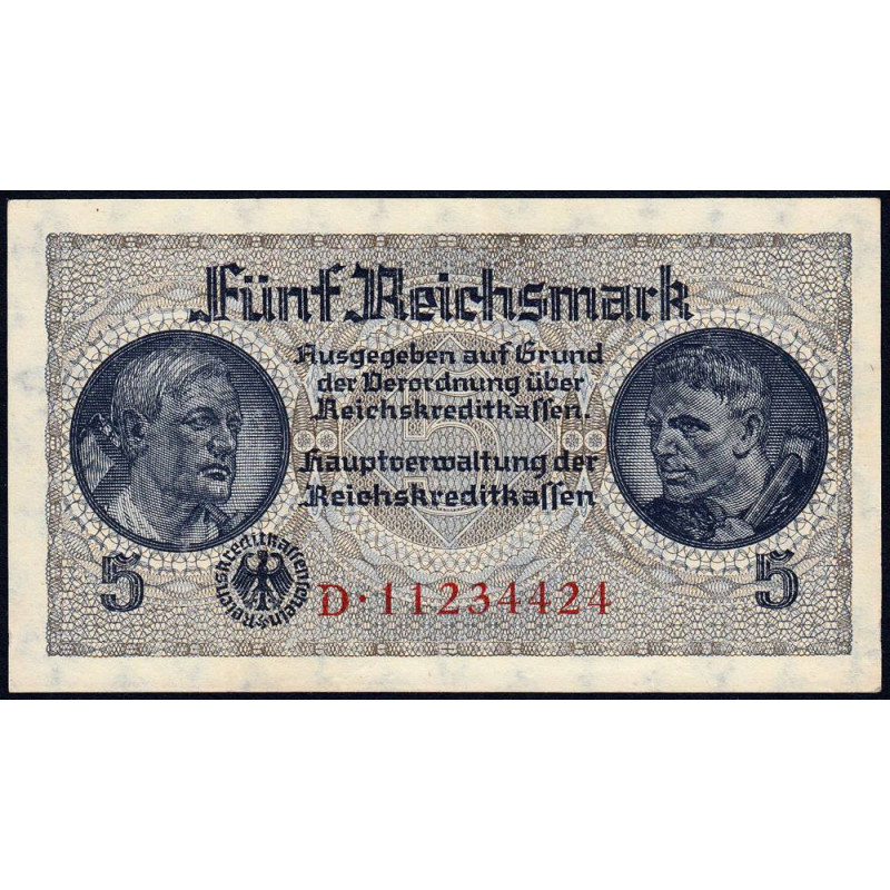 Allemagne - Territoires occupés - Pick R 138b - 5 reichsmark - Série D - 1939 - Etat : SUP+