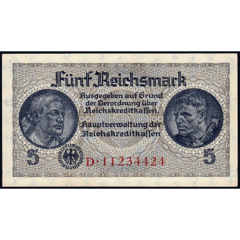 Allemagne - Territoires occupés - Pick R 138b - 5 reichsmark - Série D - 1940 - Etat : SUP+