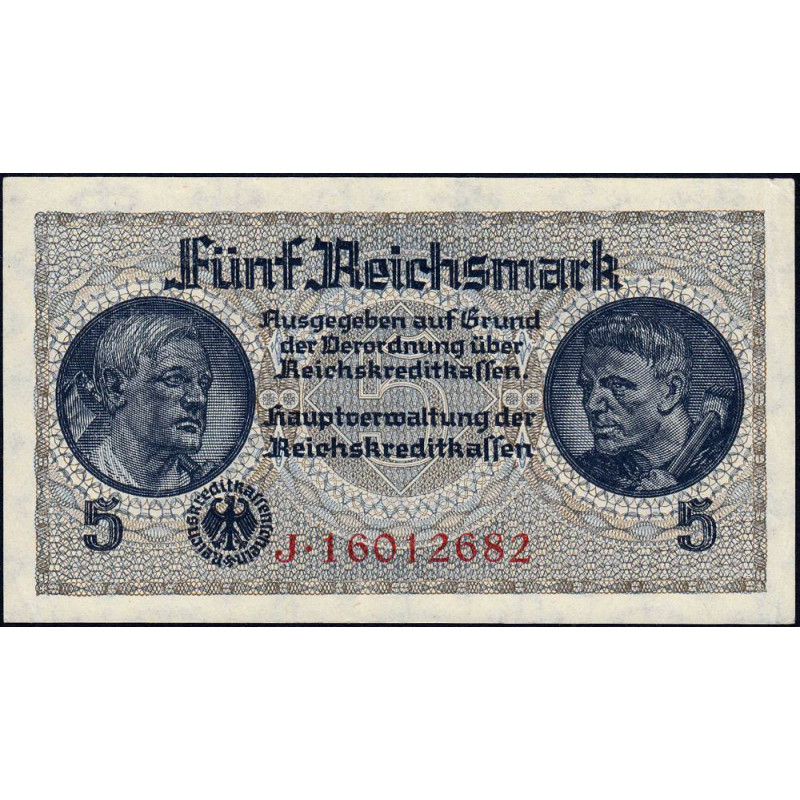 Allemagne - Territoires occupés - Pick R 138b - 5 reichsmark - Série J - 1939 - Etat : SPL