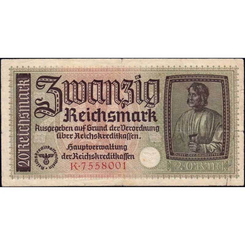 Allemagne - Territoires occupés - Pick R 139 - 20 reichsmark - Série K - 1939 - Etat : TB