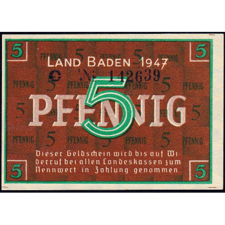 Baden - Occupation Française - Pick S 1001a - 5 pfennig - Série C - 1947 - Etat : NEUF