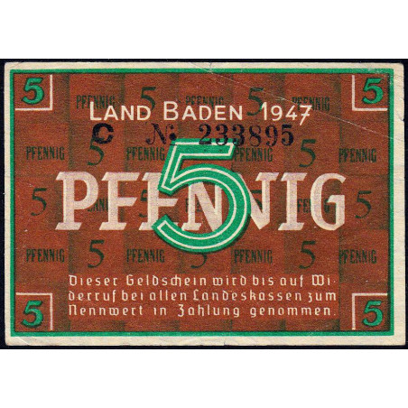 Baden - Occupation Française - Pick S 1001a - 5 pfennig - Série C - 1947 - Etat : TTB+