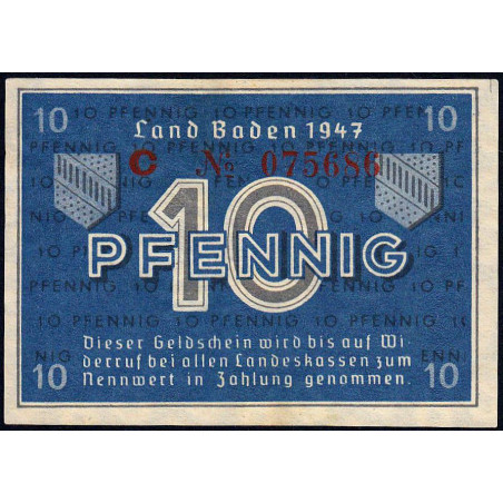 Baden - Occupation Française - Pick S 1002a - 10 pfennig - Série C - 1947 - Etat : NEUF