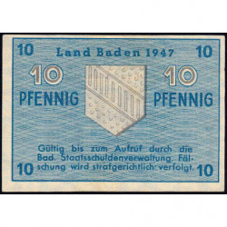 Baden - Occupation Française - Pick S 1002a - 10 pfennig - Série C - 1947 - Etat : NEUF