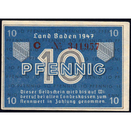 Baden - Occupation Française - Pick S 1002a - 10 pfennig - Série C - 1947 - Etat : SUP+