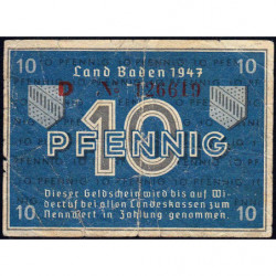 Baden - Occupation Française - Pick S 1002a - 10 pfennig - Série D - 1947 - Etat : TB-