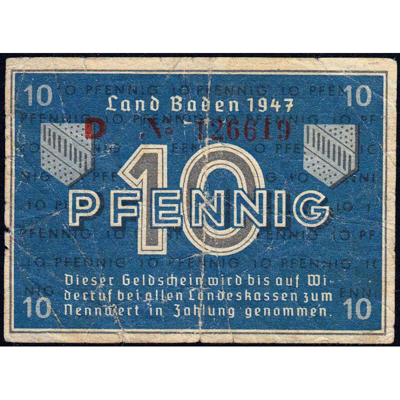 Baden - Occupation Française - Pick S 1002a - 10 pfennig - Série D - 1947 - Etat : TB-