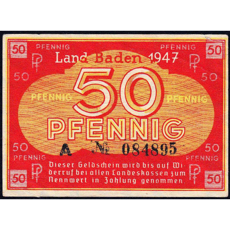 Baden - Occupation Française - Pick S 1003 - 50 pfennig - Série A - 1947 - Etat : TTB+