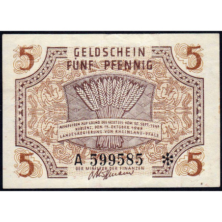 Rhénanie-Palatinat - Occupation Française - Pick S 1004 - 5 pfennig - Série A - 1947 - Etat : TTB+