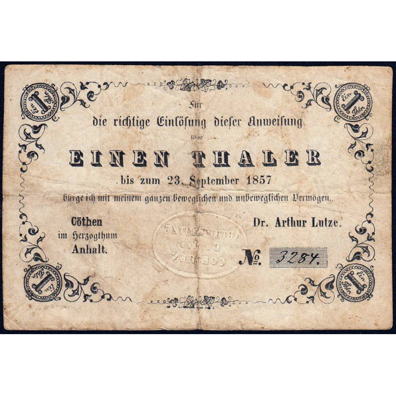 Anhalt - Duché de Anhalt-Cöthen - Pick non rép. - 1 thaler - 23/09/1857 - Etat : TB