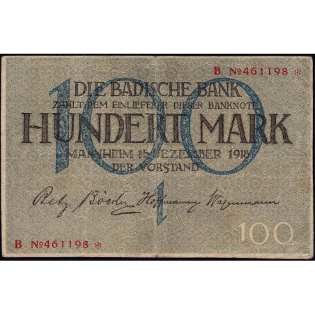 Banque de Baden - Pick S 907 - 100 mark - Série B - 15/12/1918 - Etat : TTB-