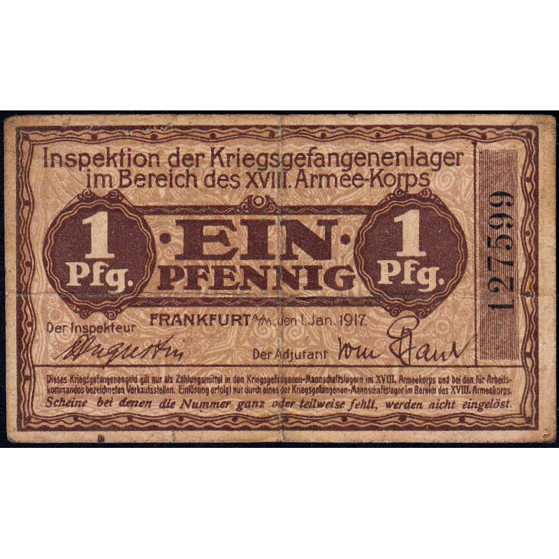Allemagne - Camp de prisonniers WW1 - Francfort - 1 pfennig - 01/01/1917 - Etat : TB+