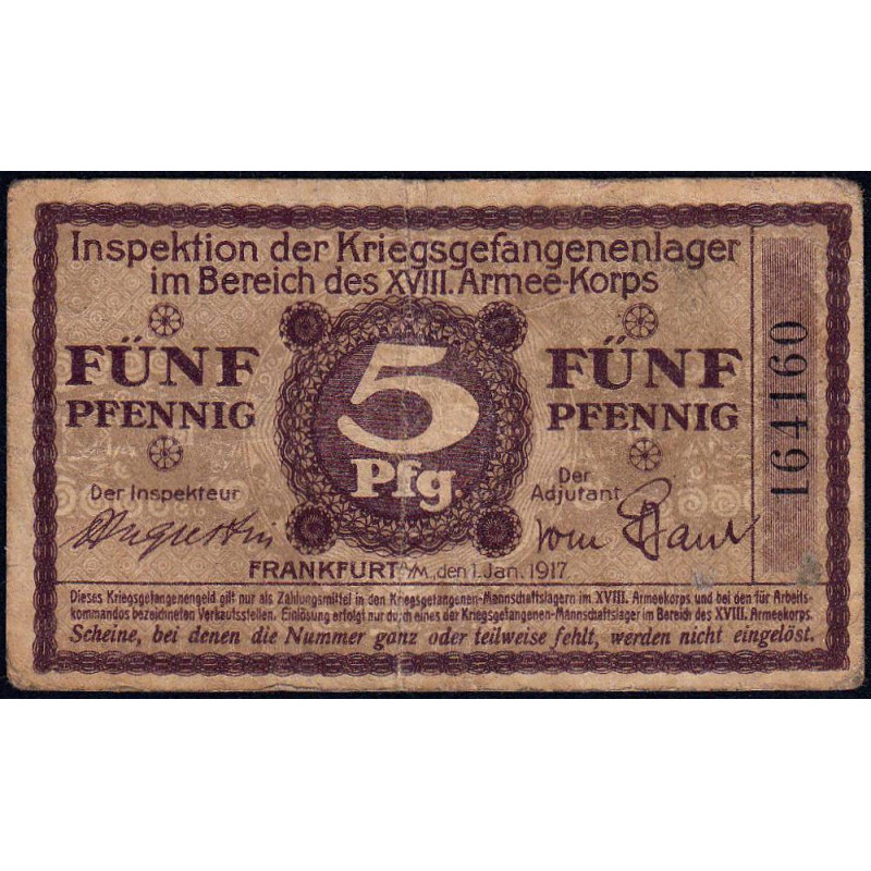 Allemagne - Camp de prisonniers WW1 - Francfort - 5 pfennig - 01/01/1917 - Etat : TB+