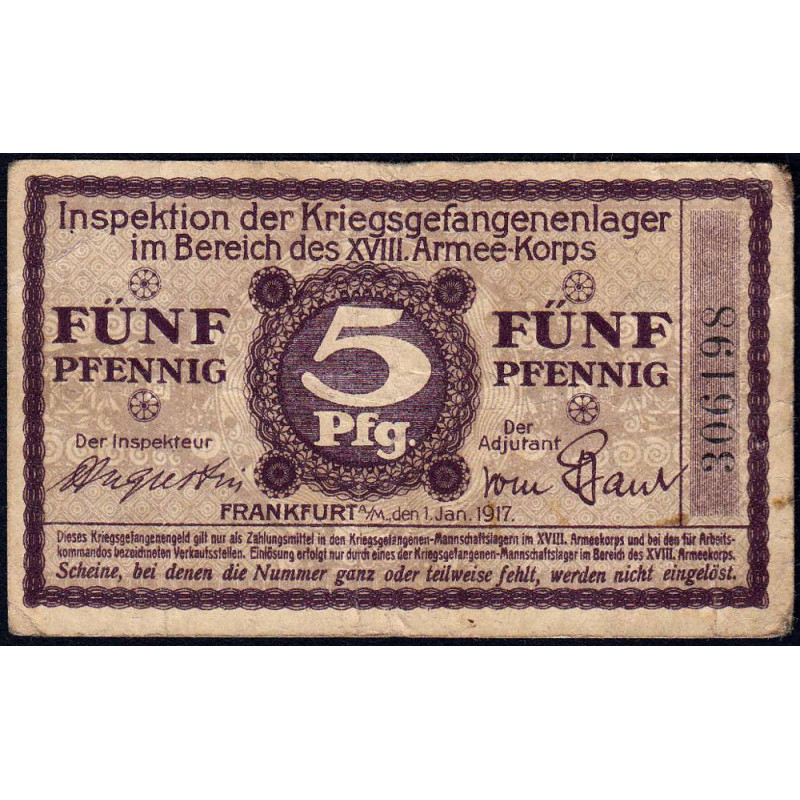 Allemagne - Camp de prisonniers WW1 - Francfort - 5 pfennig - 01/01/1917 - Etat : TB+