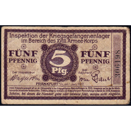 Allemagne - Camp de prisonniers - Francfort - 5 pfennig - 01/01/1917 - Etat : TB+