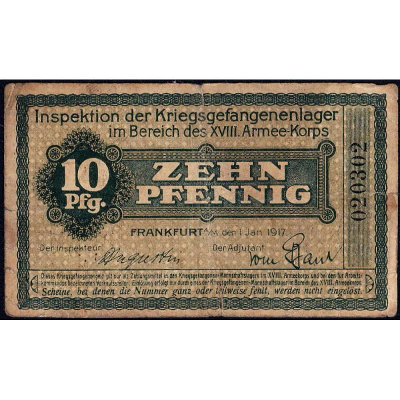 Allemagne - Camp de prisonniers WW1 - Francfort - 10 pfennig - 01/01/1917 - Etat : TB+