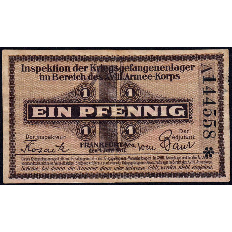 Allemagne - Camp de prisonniers WW1 - Francfort - 1 pfennig - Série A - 01/06/1917 - Etat : TTB