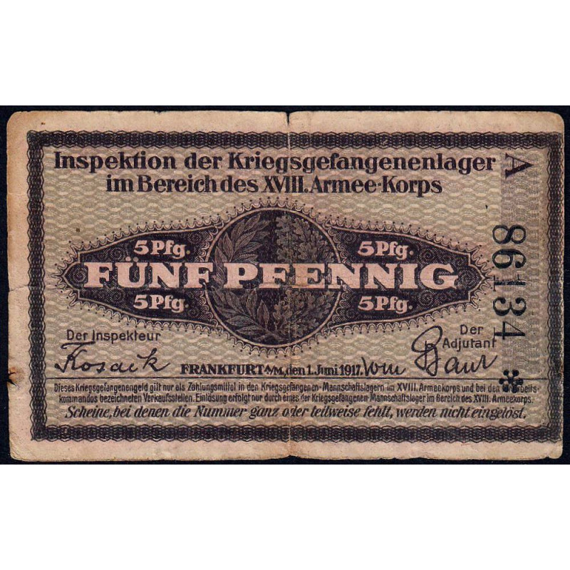 Allemagne - Camp de prisonniers WW1 - Francfort - 5 pfennig - Série A - 01/06/1917 - Etat : TB+