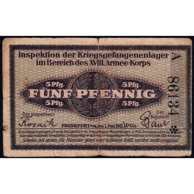 Allemagne - Camp de prisonniers - Francfort - 5 pfennig - Série A - 01/06/1917 - Etat : TB+