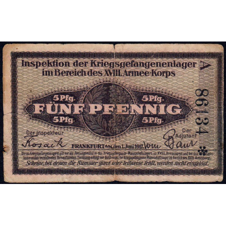 Allemagne - Camp de prisonniers - Francfort - 5 pfennig - Série A - 01/06/1917 - Etat : TB+