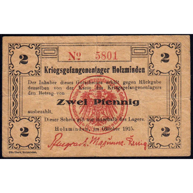 Allemagne - Camp de prisonniers - Holzminden - 2 pfennig - 10/1915 - Etat : TTB