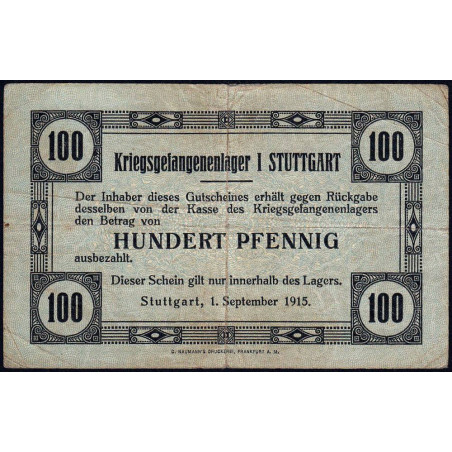 Allemagne - Camp de prisonniers - Stuttgart - 100 pfennig - 01/09/1915 - Etat : TB+