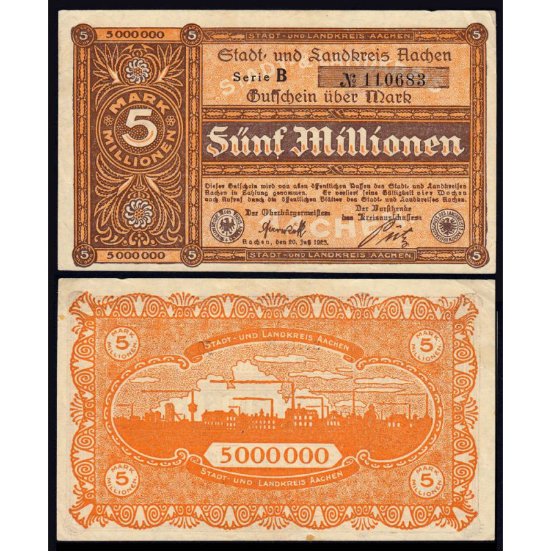 Allemagne - Notgeld - Aachen - 5 millions mark - Série B - 20/07/1923 - Etat : SUP