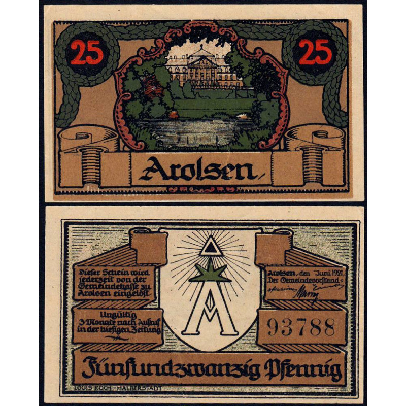 Allemagne - Notgeld - Arolsen (Bad-Arolsen) - 25 pfennig - 06/1921 - Etat : NEUF