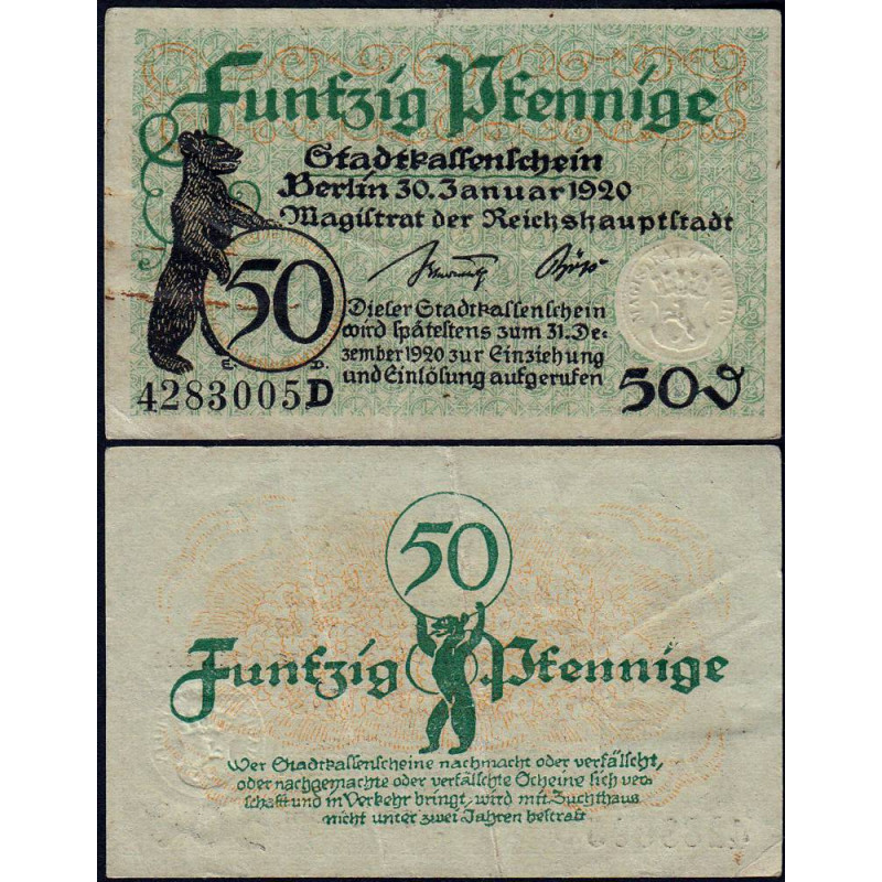 Allemagne - Notgeld - Berlin - 50 pfennig - Série D - 30/01/1920 - Etat : TTB