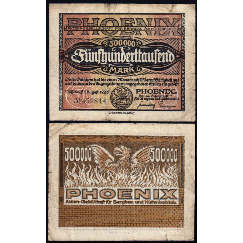 Allemagne - Notgeld - Düsseldorf - Phoenix - 500'000 mark - 01/08/1923 - Etat : TB