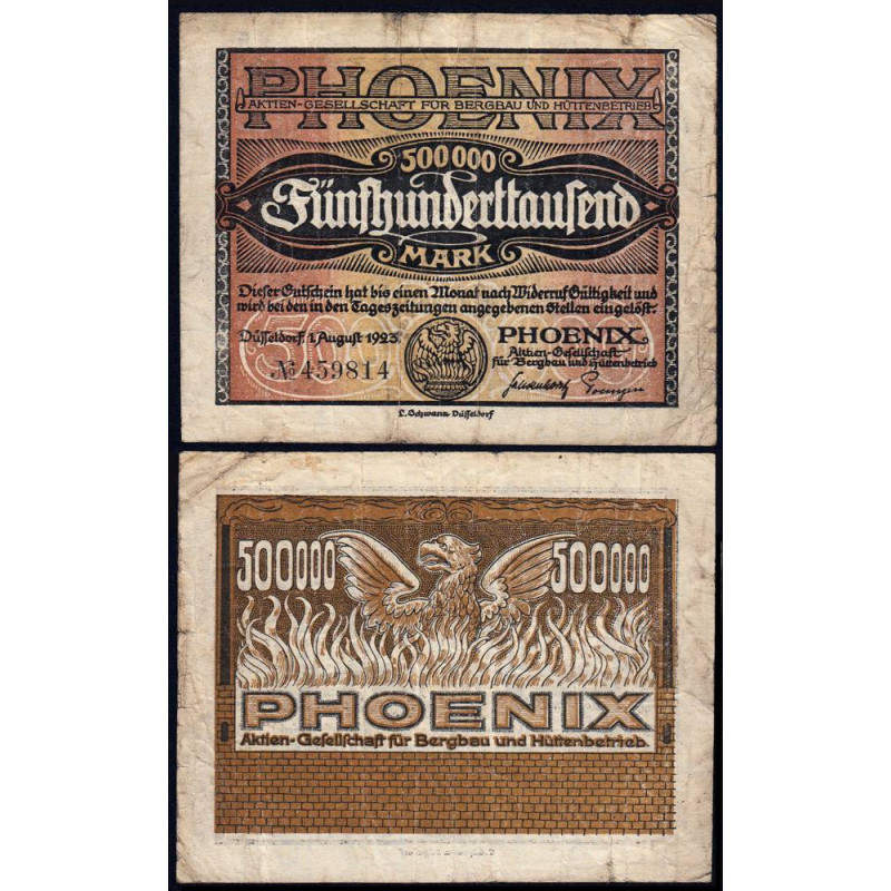 Allemagne - Notgeld - Düsseldorf - Phoenix - 500'000 mark - 01/08/1923 - Etat : TB