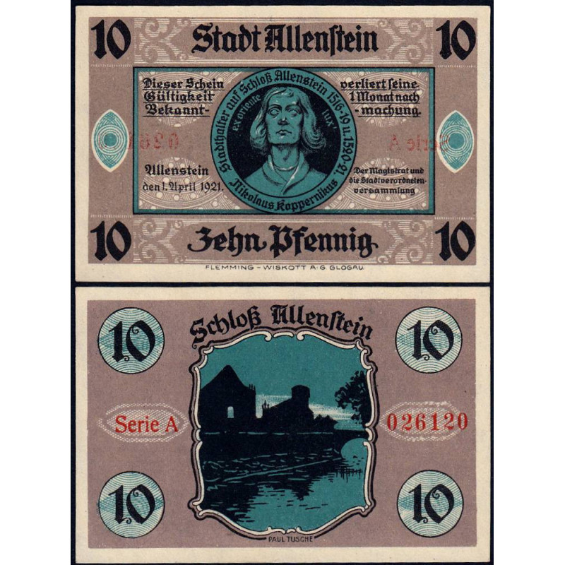 Pologne - Notgeld - Allenstein (Olsztyn) - 10 pfennig - Série A - 01/04/1921 - Etat : NEUF