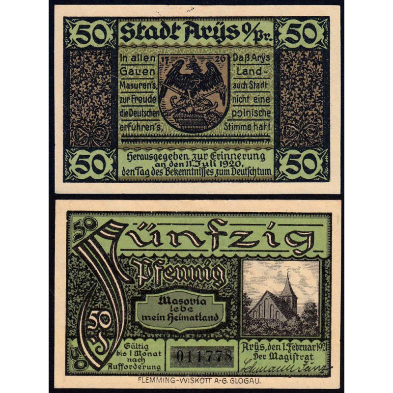 Pologne - Notgeld - Arÿs (Orzysz) - 50 pfennig - 01/02/1921 - Etat : NEUF
