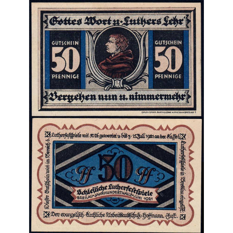 Pologne - Notgeld - Breslau (Wroclaw) - 50 pfennig - Lettre L - 06/1921 - Etat : NEUF