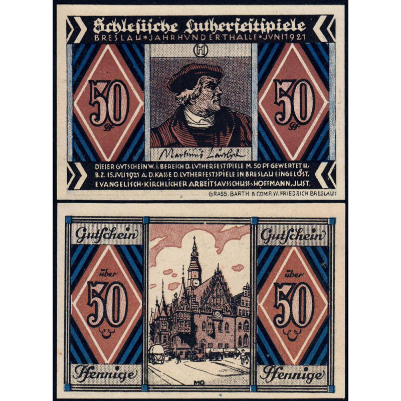Pologne - Notgeld - Breslau (Wroclaw) - 50 pfennig - Lettre H - 06/1921 - Etat : NEUF