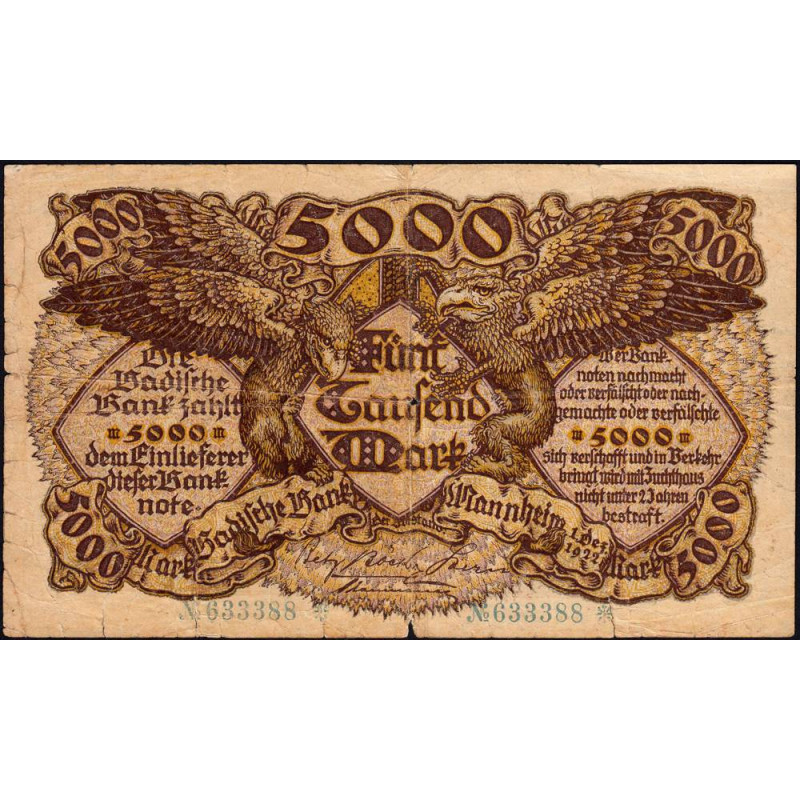 Banque de Baden - Pick S 909 - 5'000 mark - Sans série - 01/12/1922 - Etat : TB-