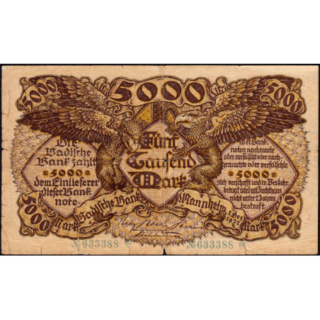 Banque de Baden - Pick S 909 - 5'000 mark - Sans série - 01/12/1922 - Etat : TB-