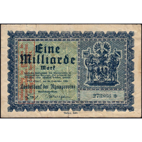 Prusse - Rheinprovinz - Pick non réf. - 1 milliard mark - Sans série - 20/09/1923 - Etat : TB+
