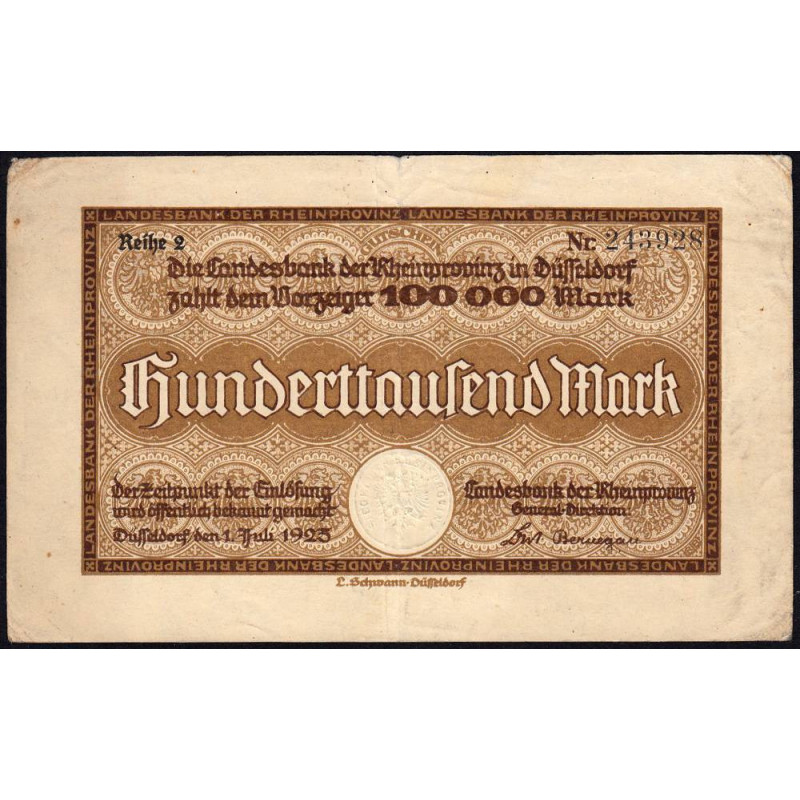 Prusse - Rheinprovinz - Pick non réf. - 100'000 mark - Série 2 - 01/07/1923 - Etat : TTB-