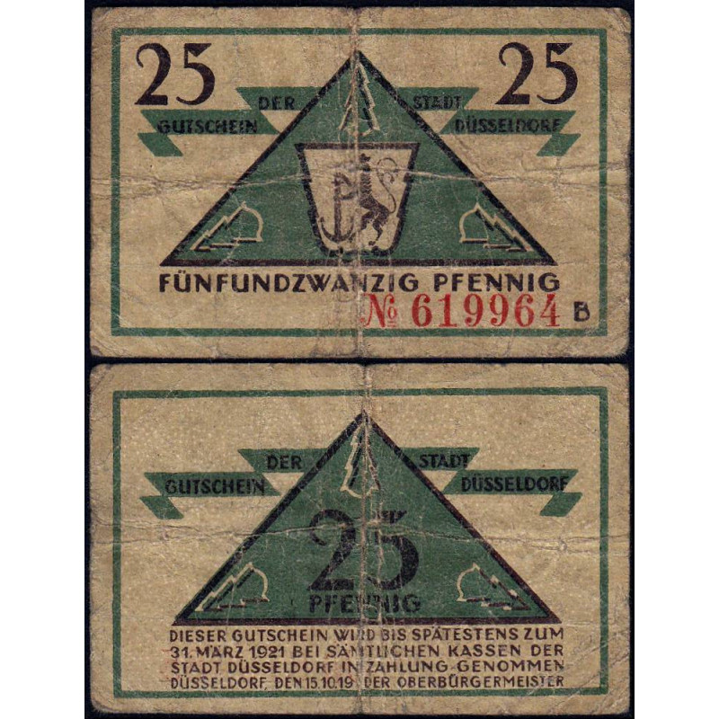 Allemagne - Notgeld - Düsseldorf - 25 pfennig - Série B - 15/10/1919 - Etat : B+