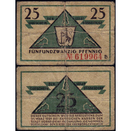 Allemagne - Notgeld - Düsseldorf - 25 pfennig - Série B - 15/10/1919 - Etat : B+