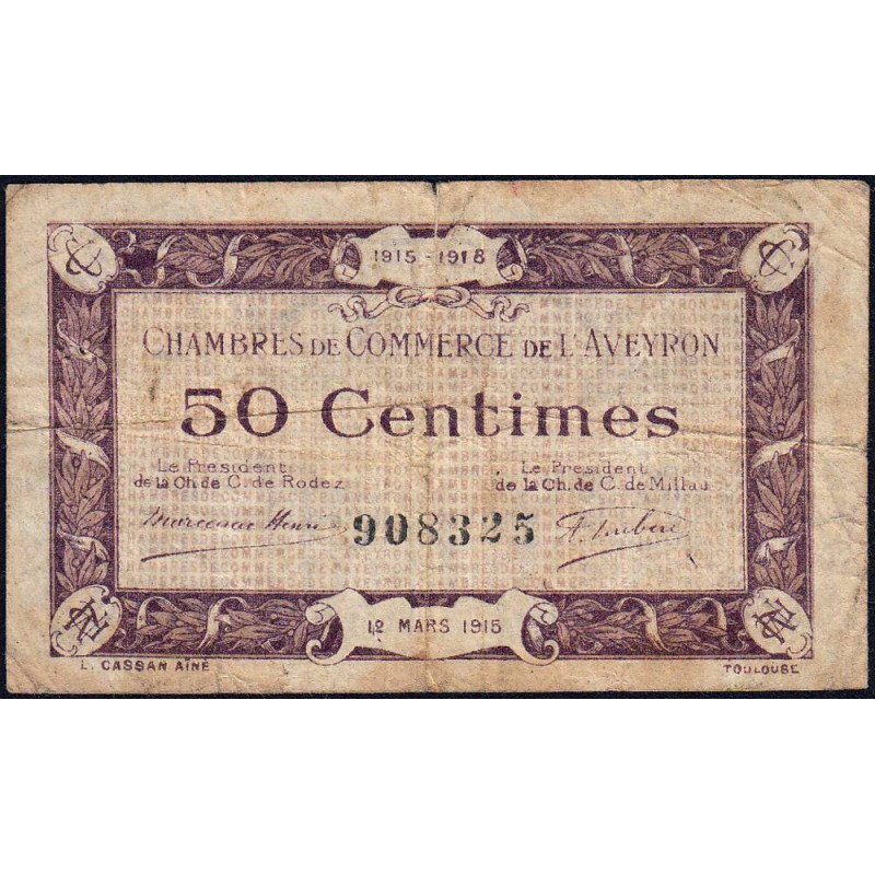 Rodez et Millau - Pirot 108-1 variété - 50 centimes - Sans série - 12/03/1915 - Etat : TB