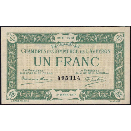 Rodez et Millau - Pirot 108-5 variété - 1 franc - Sans série - 12/03/1915 - Etat : SUP